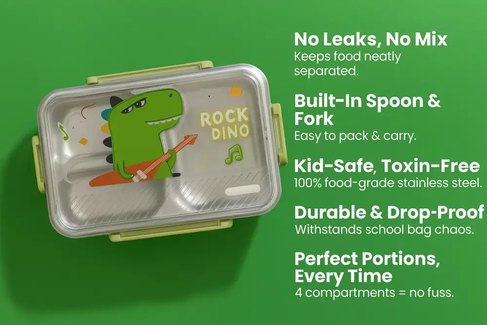 HomeStuff Kids Bento Lunch Box – Made for Little Appetites & Big School Days Dino Green
