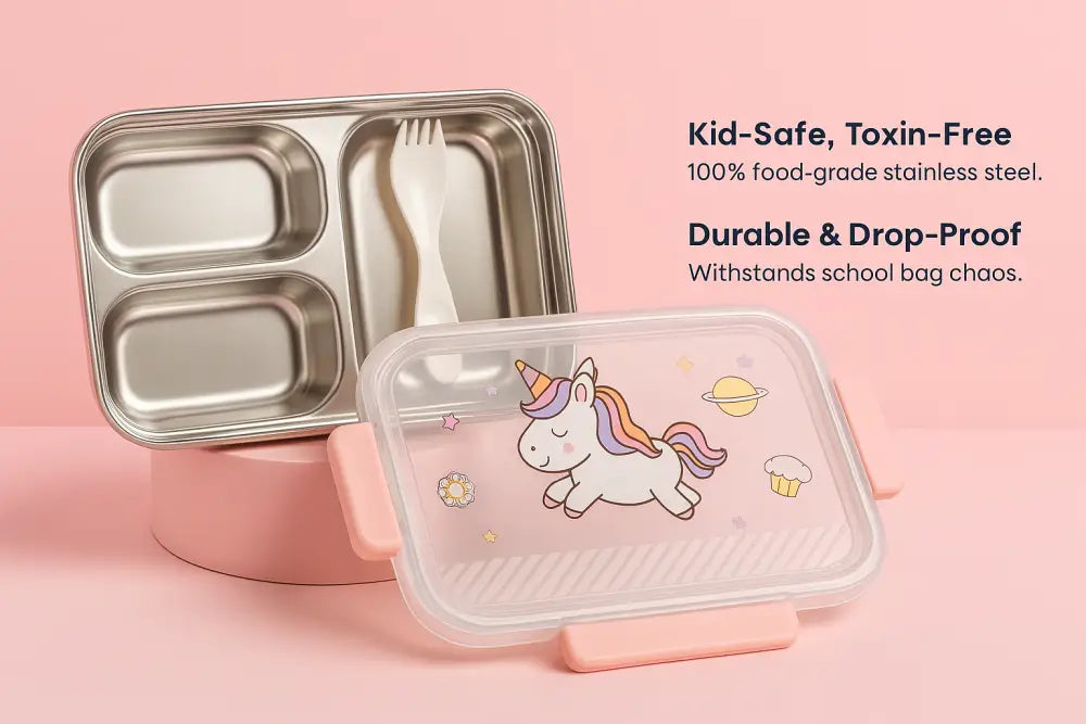 HomeStuff Kids Bento Lunch Box – Made for Little Appetites & Big School Days Unicorn Pink